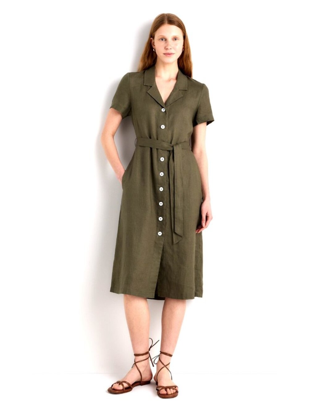 EUC Quince 100% European Linen Tie Button Front Midi Dress Martini Olive XL